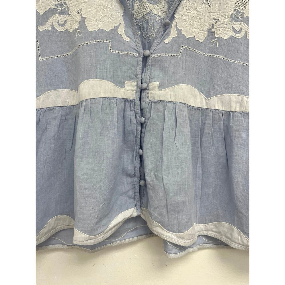 LIKE NEW Anthropologie Light Blue and Cream Short Sleeve Peplum Button Top - Picture 9 of 14